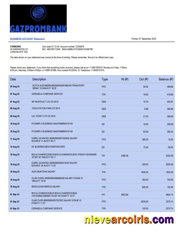 Gazprombank firm account statement